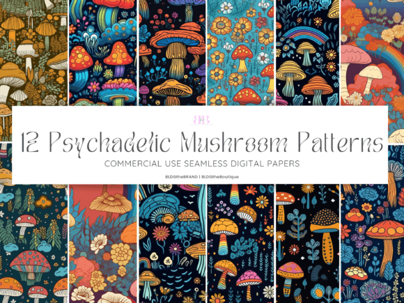 70s Groovy Mushroom Seamless Patterns: Graphics for Bold Branding