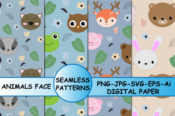 Seamless Patterns Cute Animals Face Graphics for Digital Sellers
