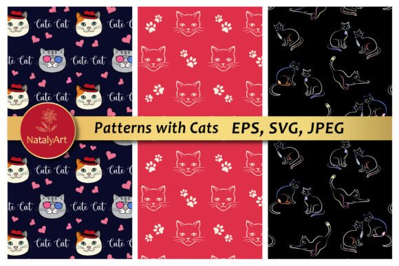 Set of 3 Seamless Patterns with Cats for Modern Graphics