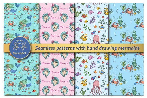 Set of Seamless Patterns with Mermaids for Graphics and Patterns